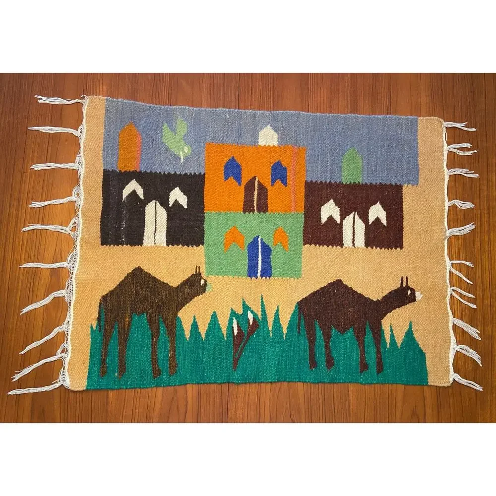 Egyptian Woven Tapestry Rug Wall Hanging Camels Village Folk Art Souvenir